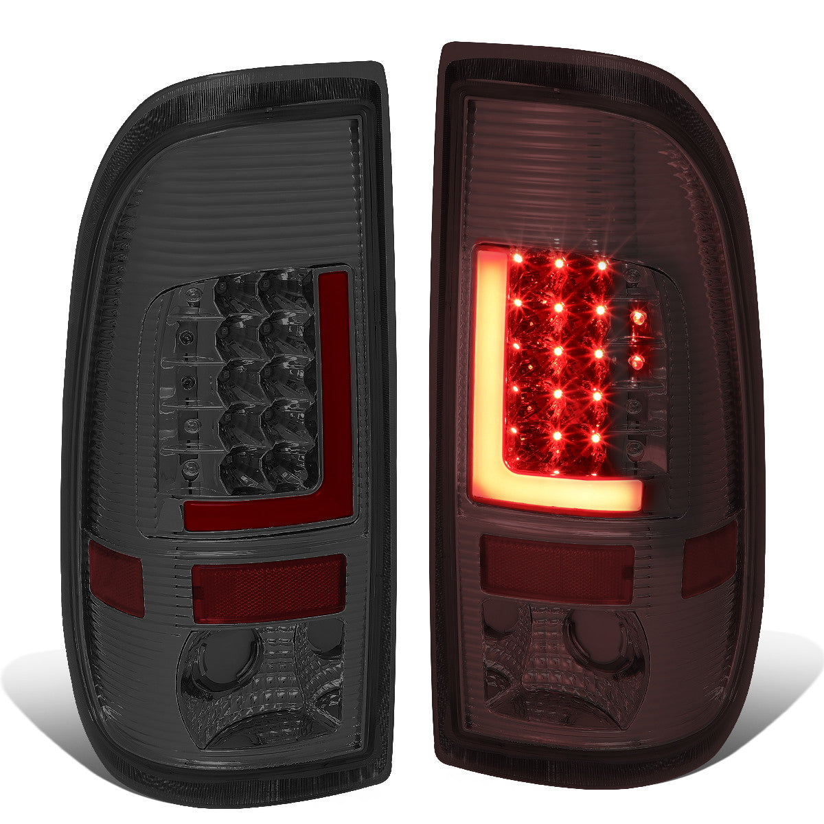 Nuvision Lighting, 97-07 Ford F250 F350 F450 F550 Super Duty Red L-Bar LED Rear Brake Tail Lights - Smoked