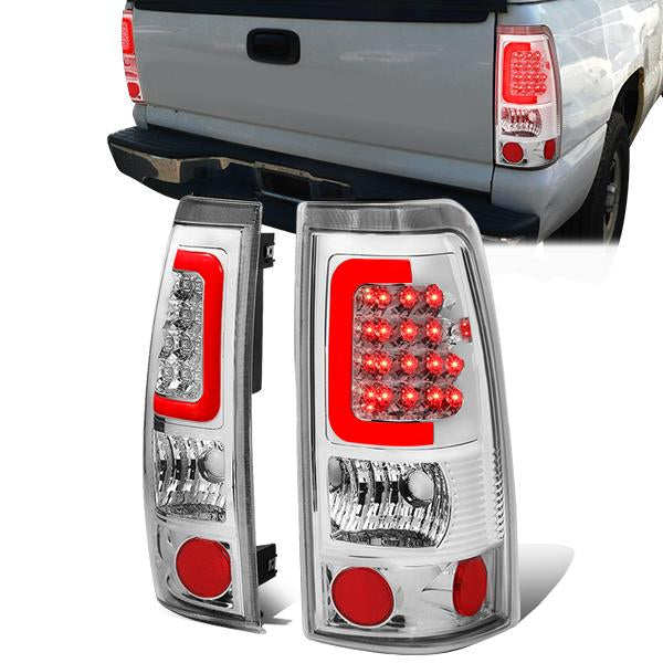 Nuvision Lighting, 99-03 Chevy Silverado GMC Sierra 1500 2500 3500 Red C-Bar LED Tail Lights - Chrome