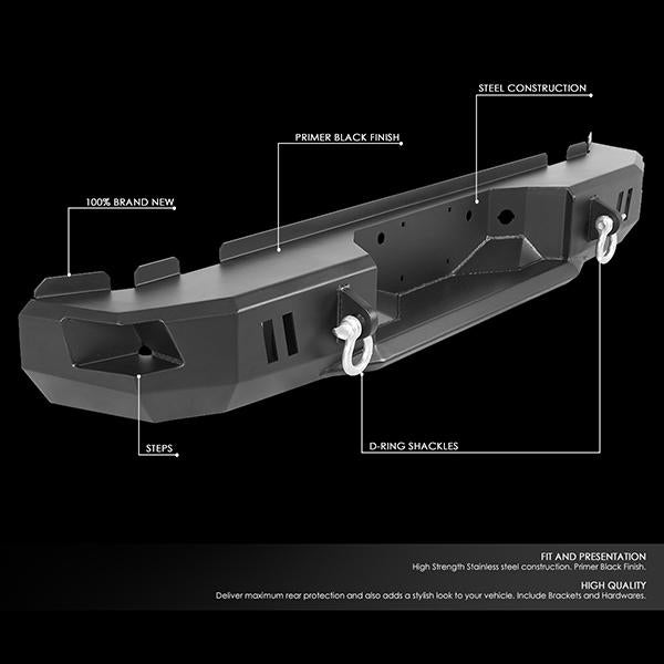 CAAP, 99-16 Ford F250 F350 Super Duty Rear Step Bumper w/D-Rings+Sensor Holes - Heavy Duty Steel