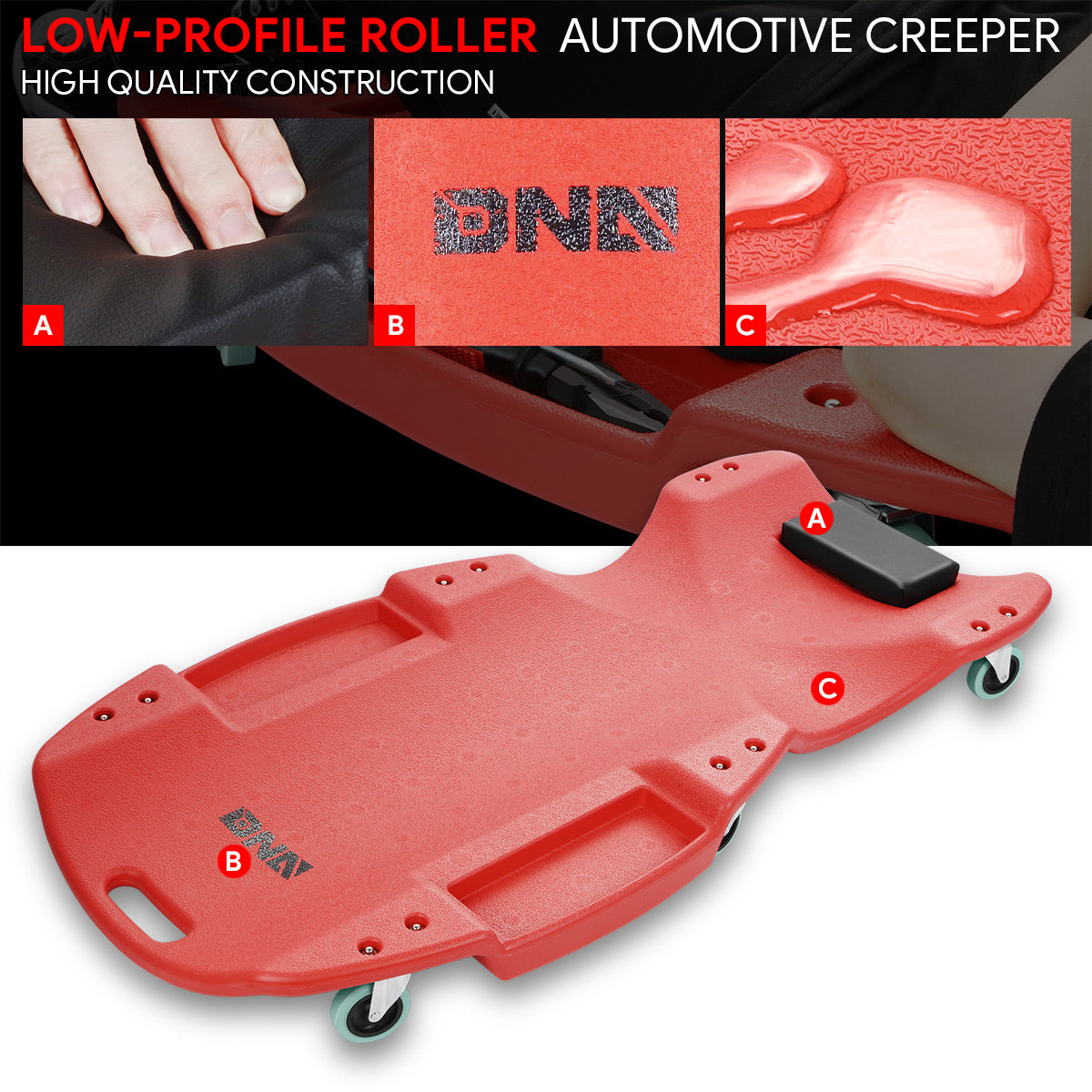 DNA Motoring, Heavy Duty Low Profile Roller Automotive Creeper - 46.8 in. L x 23.6 in. W [A Variety of Color Options]