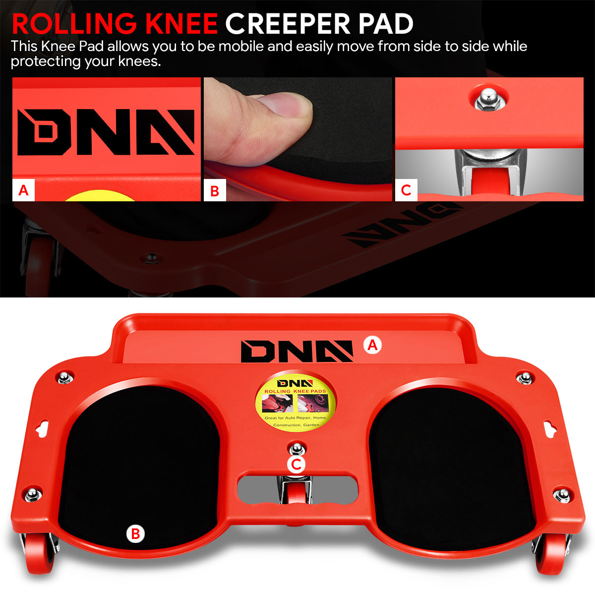 DNA Motoring, Padded Rolling Knee Creeper Pad w/Tool Tray + 5 Swivel Castor Wheels [A Variety of Color Options]