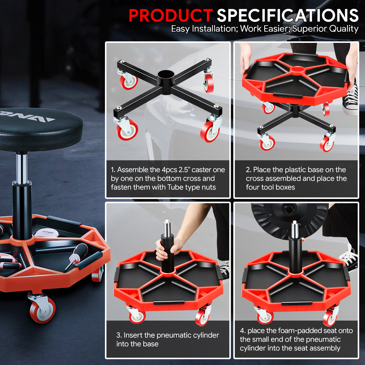 DNA Motoring, Roller Work Shop Pneumatic Seat Mechanic Stool w/Tool Tray