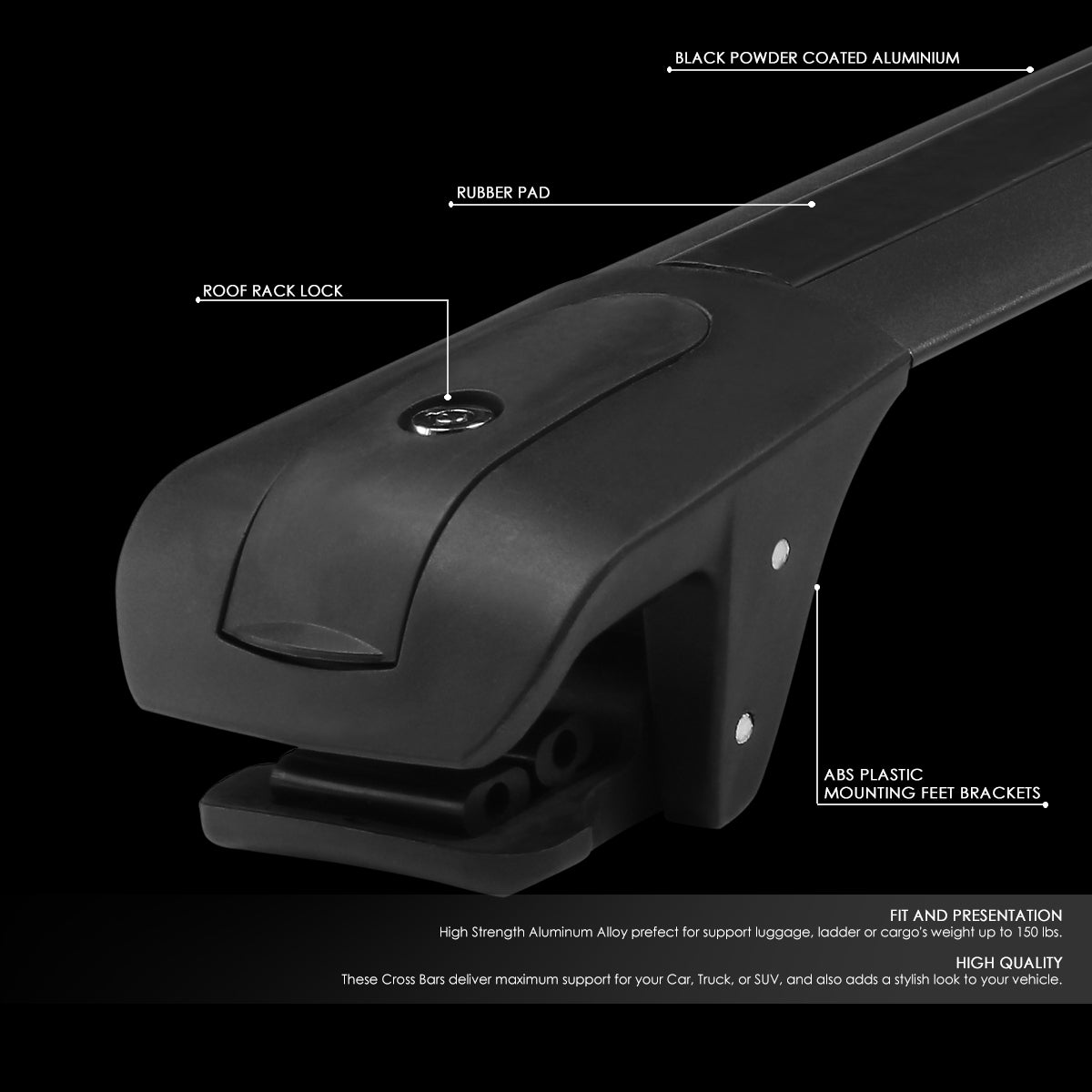 DNA Motoring, Universal Aluminum Cross Bars fits 0.75 in. Thick 1.5 in. Wide Roof Side Rail