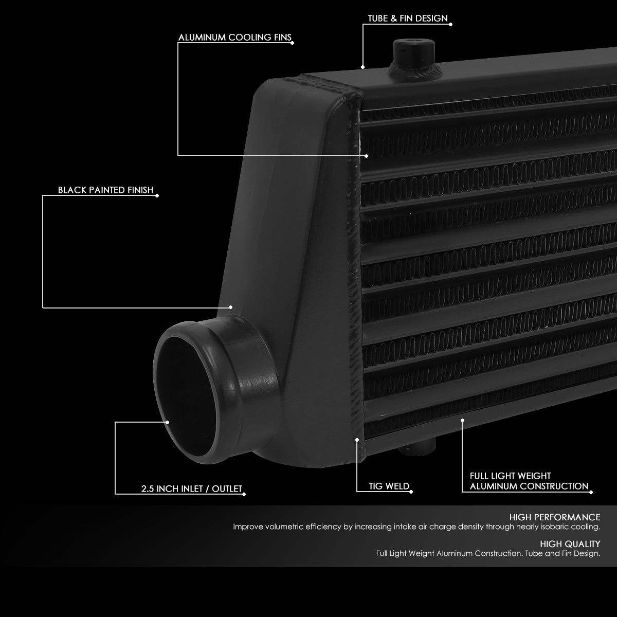 CAAP, Universal Tube & Fin Aluminum Intercooler - 2.5"OD Inlet/Outlet 27.675" L X 8.5" H X 2.75" D - Black